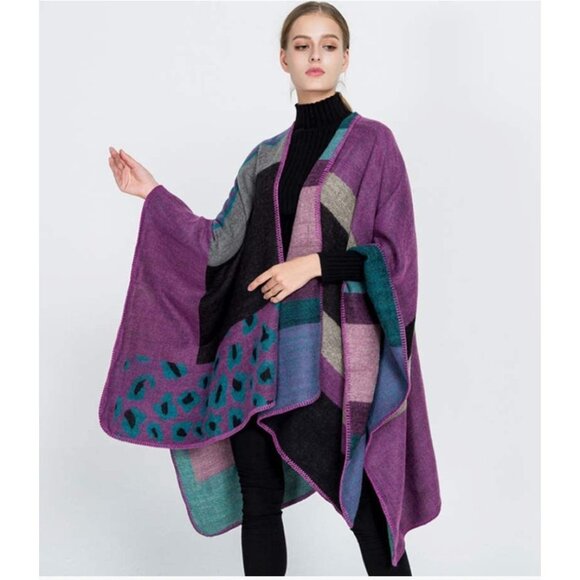 Purple Multicolor Colorblock Print Knit Poncho Shawl Cape Pashmina Wrap Sweater - Picture 4 of 4